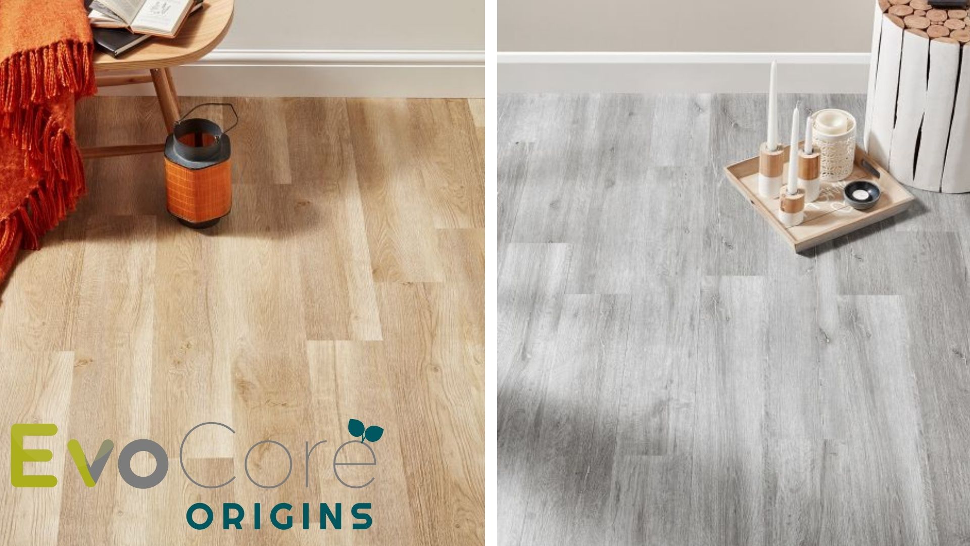 Evocore Origins flooring in wood and stone finishes displayed.