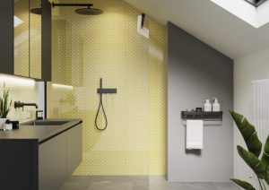 Modern bathroom with ventilation window to reduce condensation buildup.