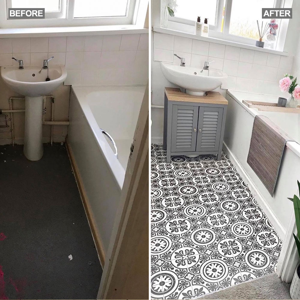 Modern patterned flooring transforms small bathroom space effectively.