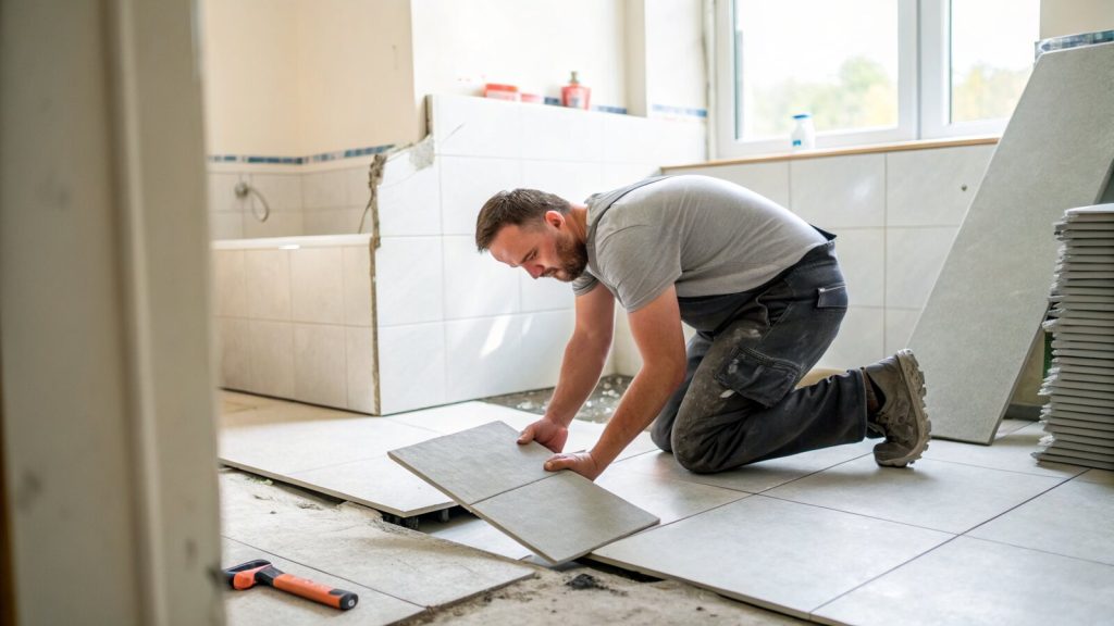 Tiler laying large porcelain floor tiles with levelling clips in a UK bathroom