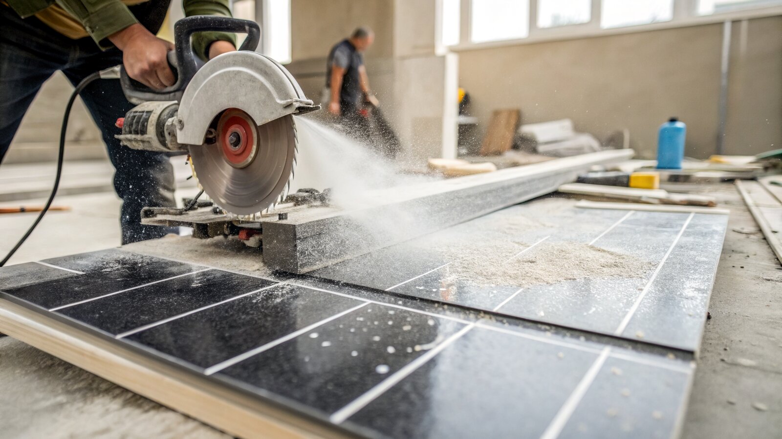 Wet saw with diamond blade cutting a porcelain tile with water spray