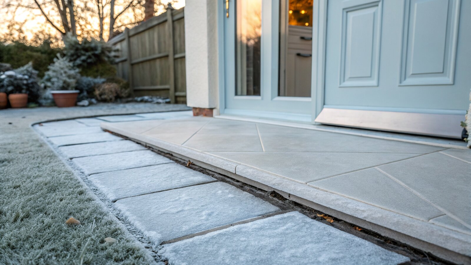 Frost-resistant porcelain tiles on a UK porch threshold on a frosty morning