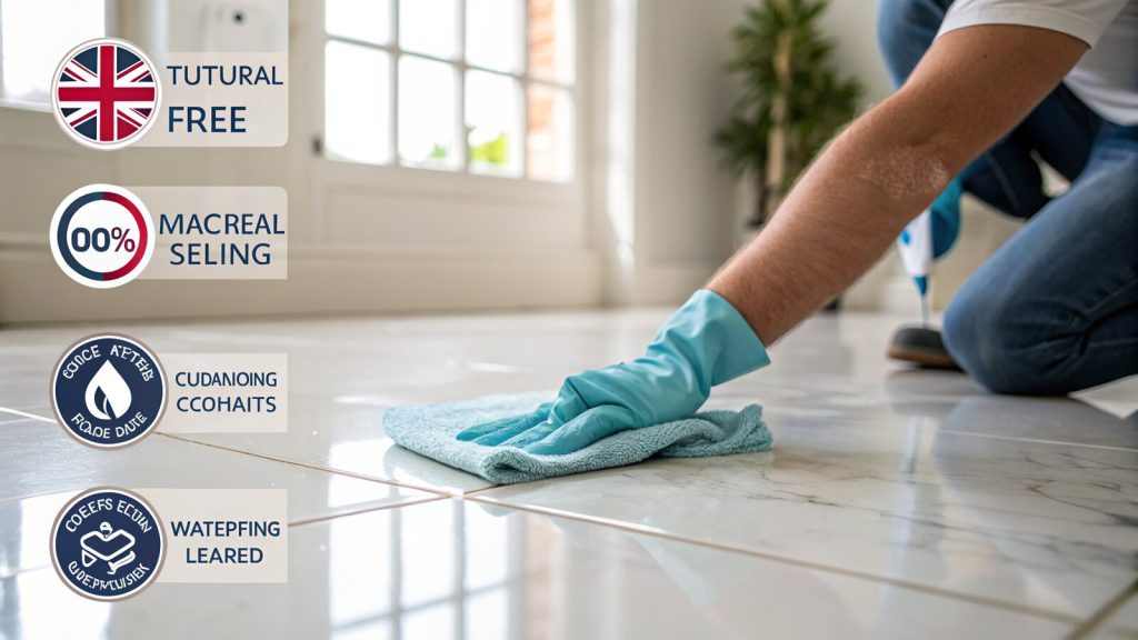 Tiler buffing impregnating sealer off a pale marble tile before grouting