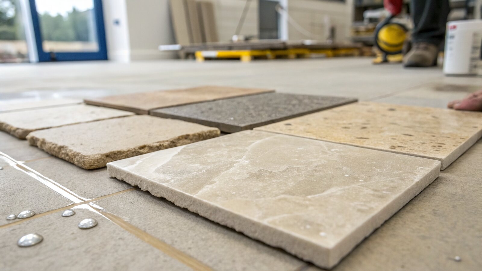 Samples of travertine, marble, slate and limestone tiles showing different porous surfaces