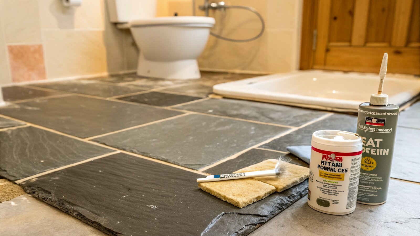 Slate floor part way through sealing before grouting with applicator and sealer nearby