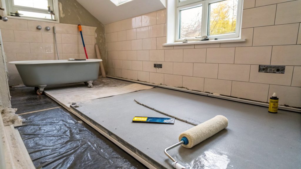 Wet room floor and lower walls coated in grey waterproof tanking membrane before tiling, with a linear drain channel in the sloped floor