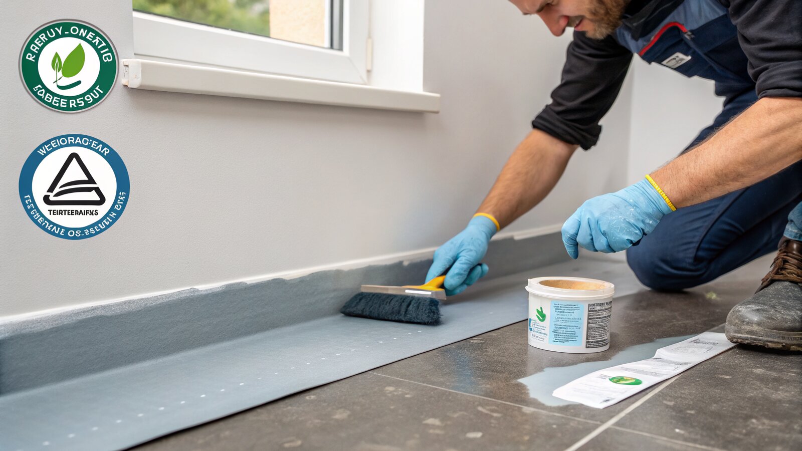 Gloved hands bedding waterproofing tape into the internal wall-to-floor corner of a wet room being tanked