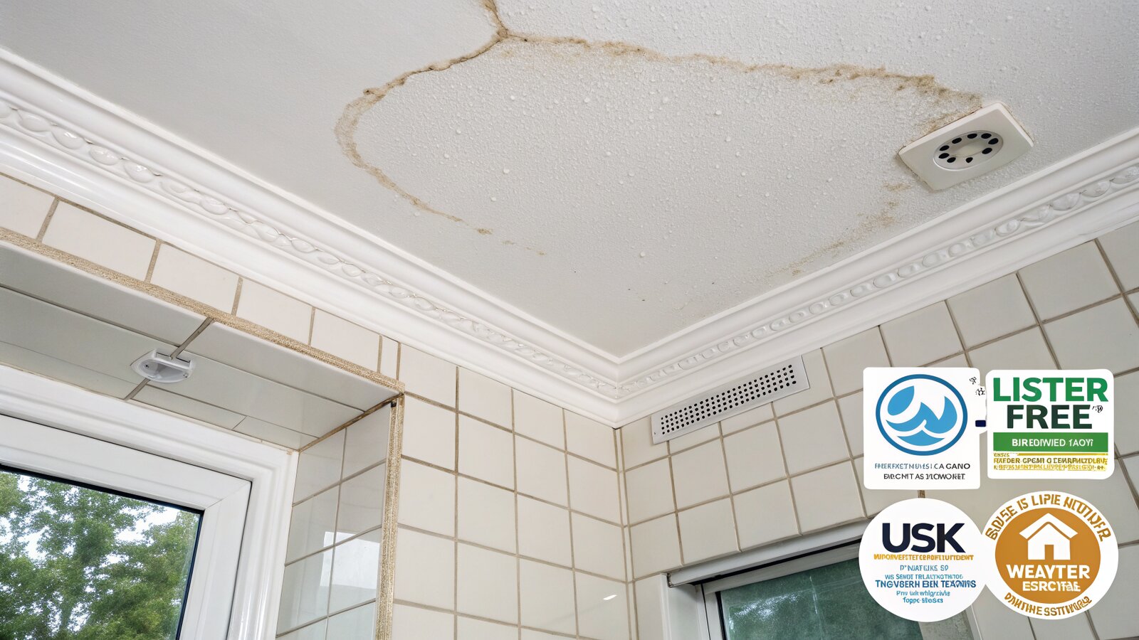 Brown water stain and damp ring on a white ceiling below a leaking wet room