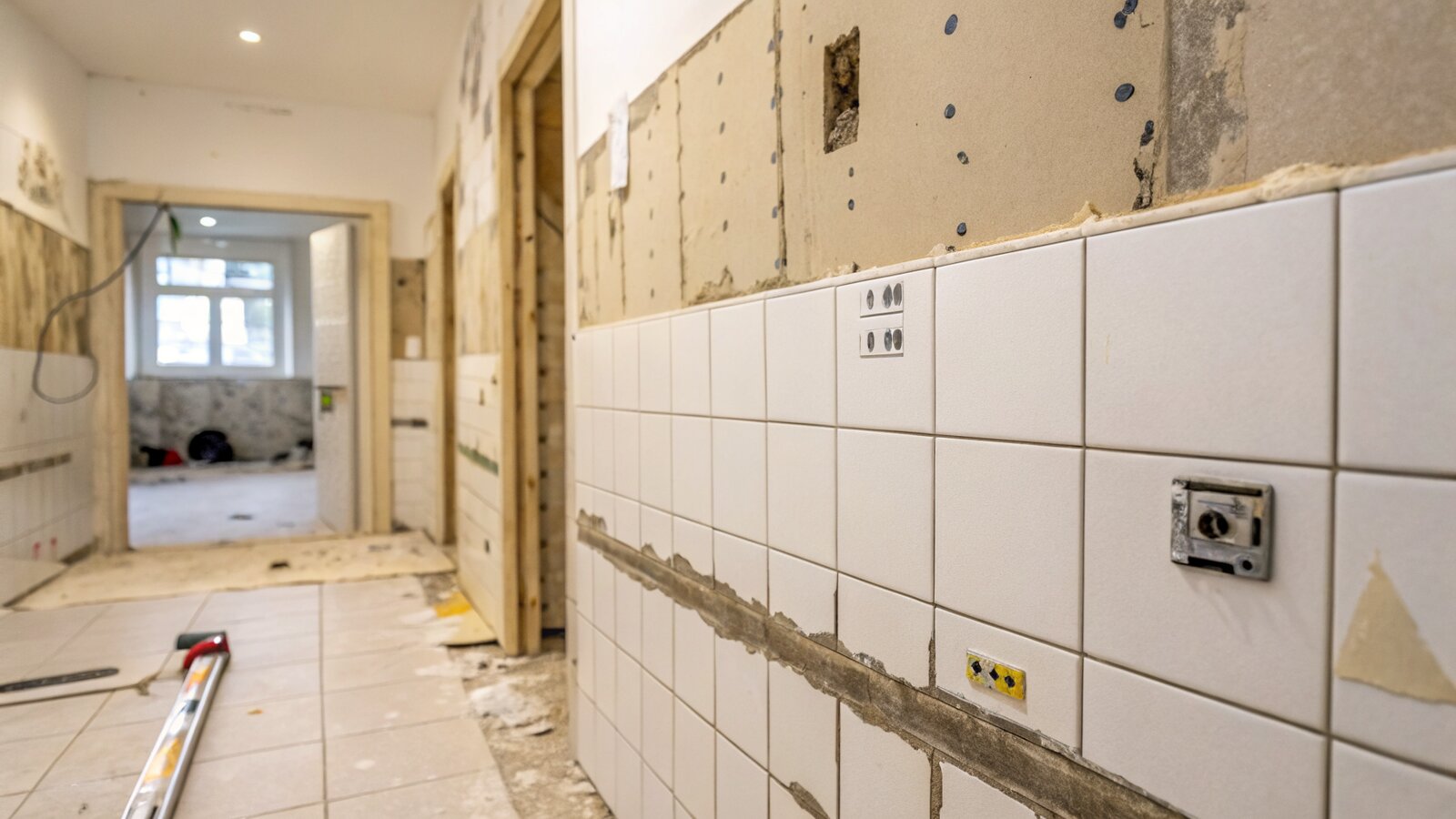 Bare wall after tile removal showing patchy adhesive and plasterboard