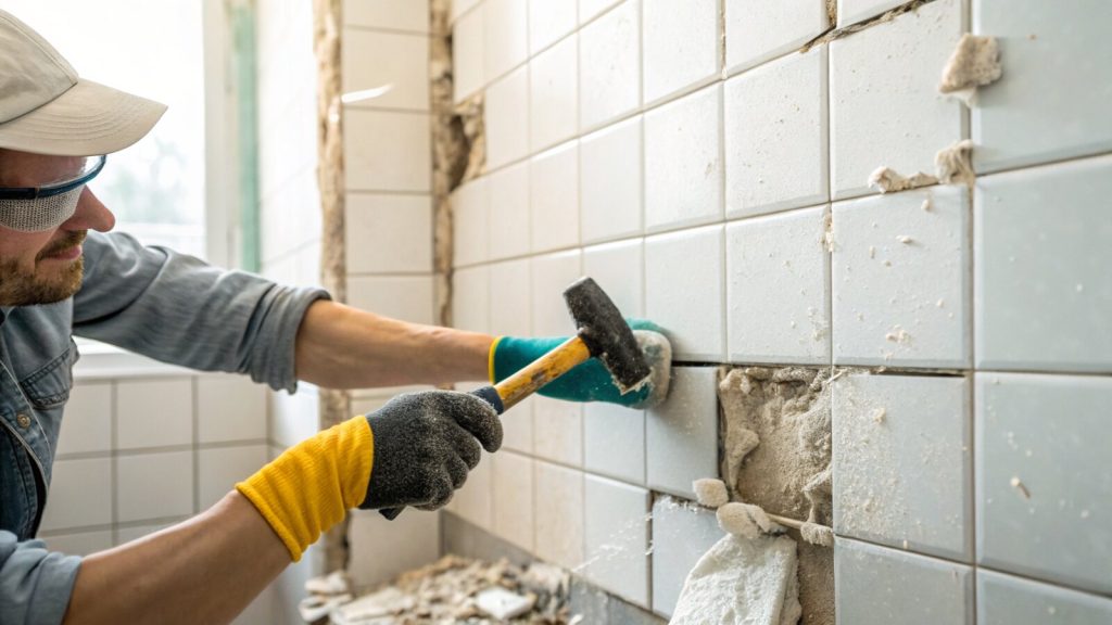 Removing an old wall tile with a bolster chisel and hammer