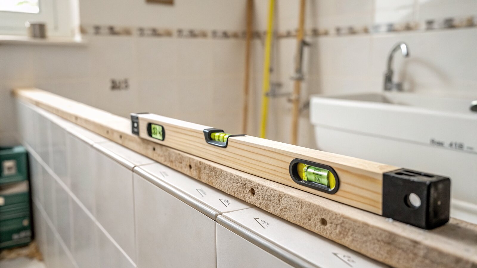 Level timber batten fixed to the wall as a tiling guide