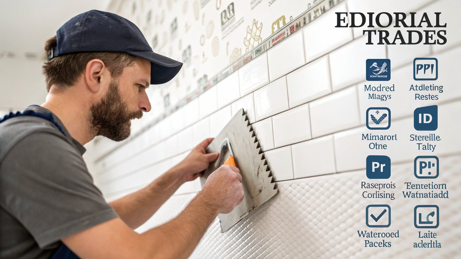 Notched trowel combing tile adhesive into even ridges on a wall
