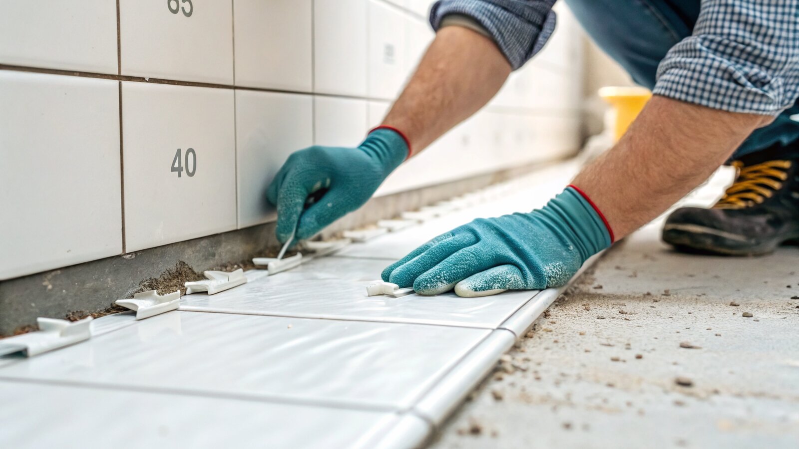 Tile spacers set into the joints between newly laid wall tiles