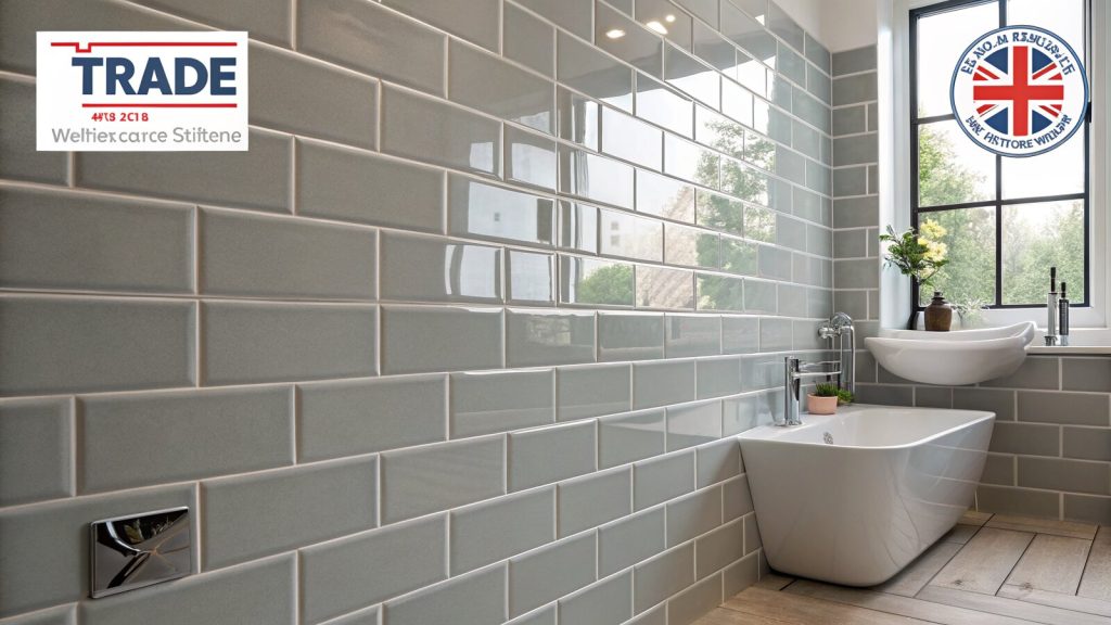 Freshly tiled modern bathroom wall with large grey ceramic tiles