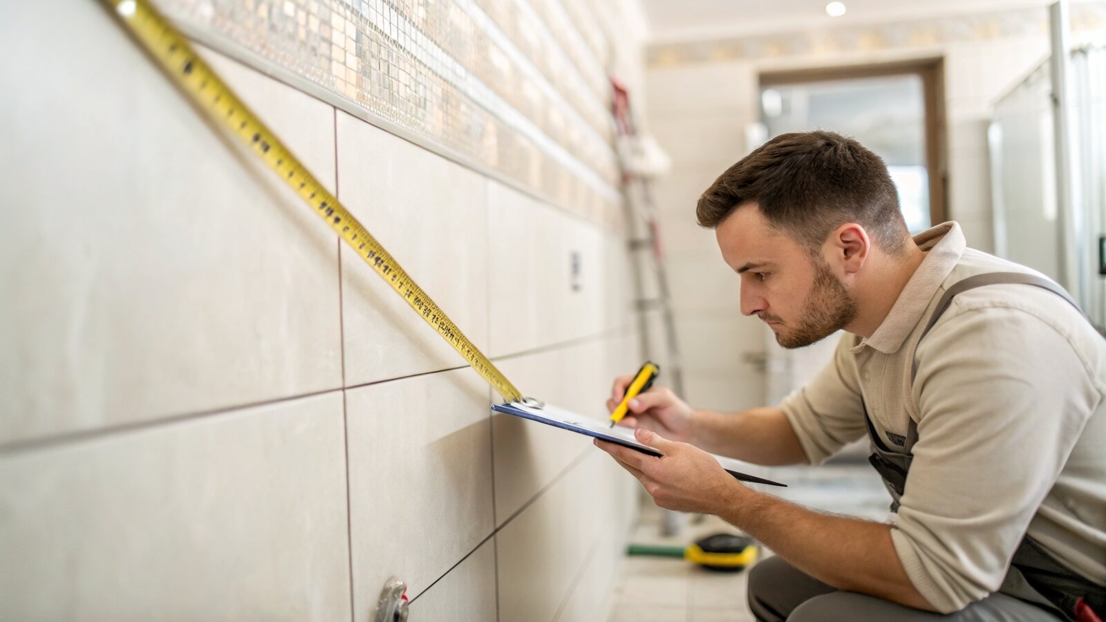 Tiler measuring a wall to calculate the tiled area for a quote