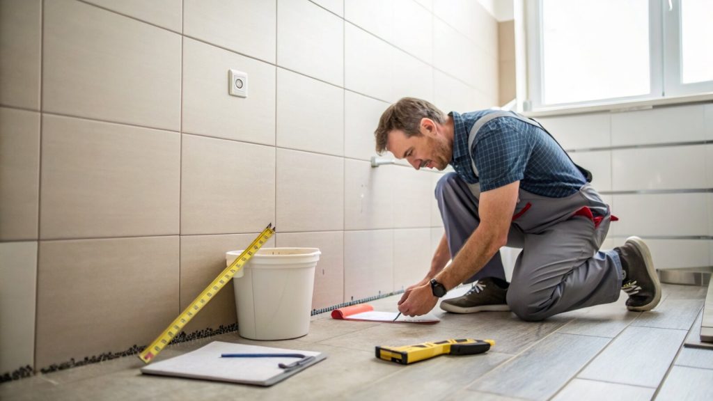 Tiler measuring up a bathroom to prepare a tiling quote