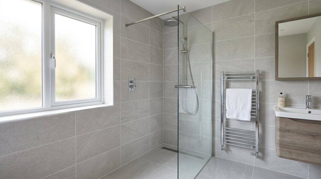 A freshly tiled modern bathroom with grey porcelain wall tiles and a walk-in shower