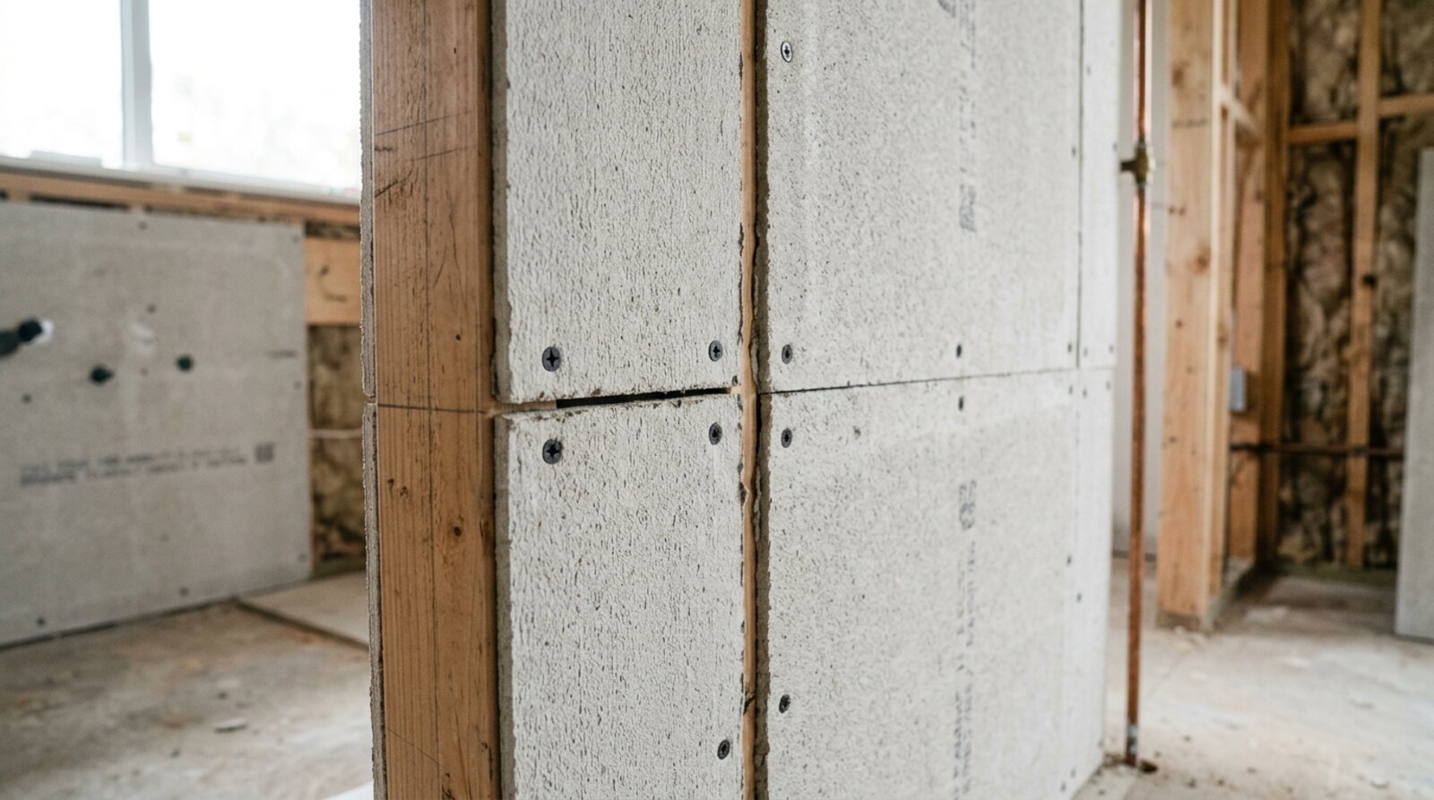 Cement-based tile backer boards fixed to a bathroom wall before tiling