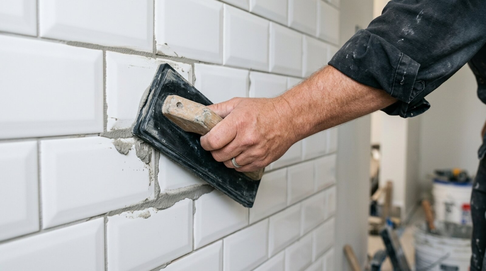 Grout being pressed into the joints of white bathroom wall tiles with a rubber float
