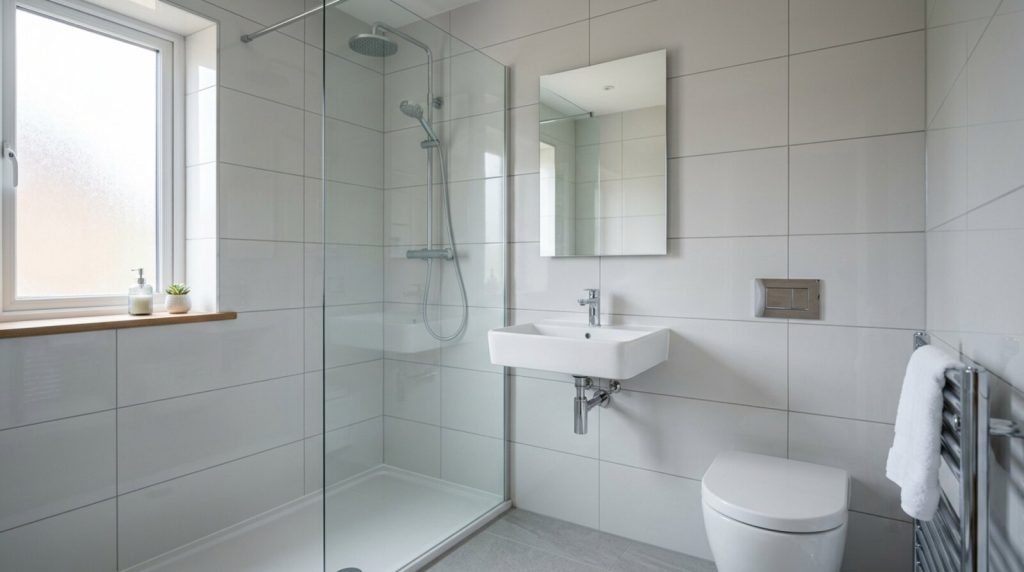 Small UK bathroom tiled in large-format pale tiles with a walk-in shower and matched grout