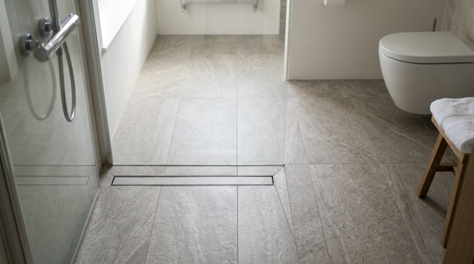 Rectangular floor tiles running the length of a small bathroom and continuing into the shower