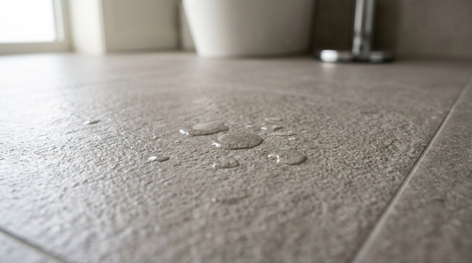 Textured matt porcelain bathroom floor tile with water droplets showing the slip-resistant surface