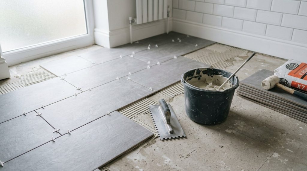 Bathroom floor being tiled with grey porcelain tiles, spacers and a notched trowel in view