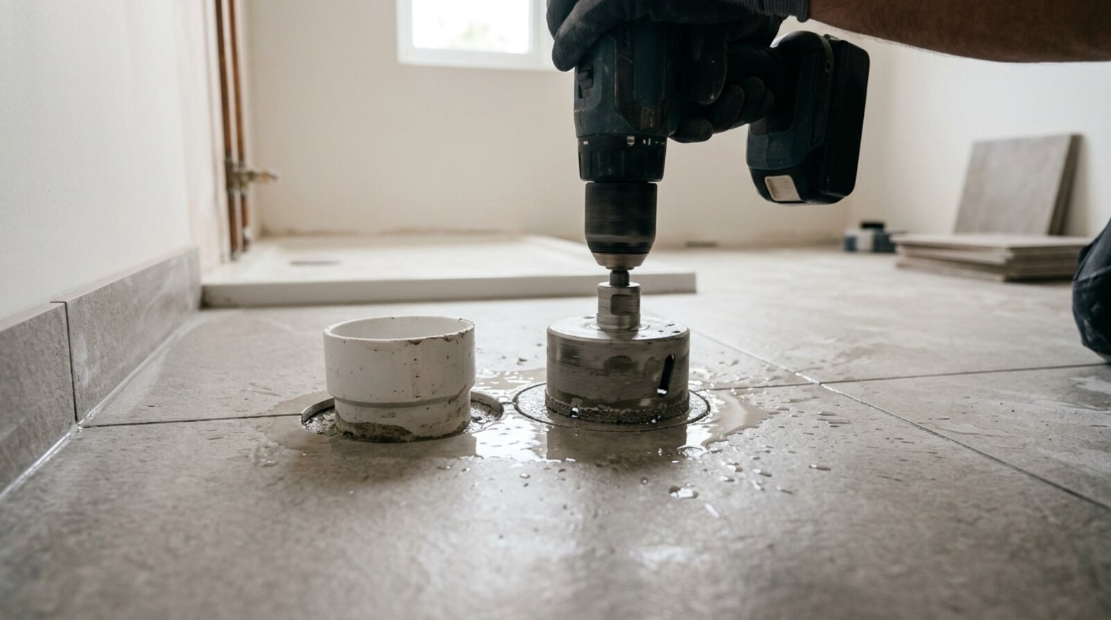 Diamond hole cutter drilling a neat circle in a floor tile around a soil pipe