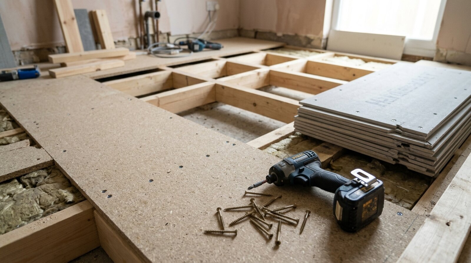 Timber bathroom subfloor with chipboard screwed down and tile backer boards ready to install