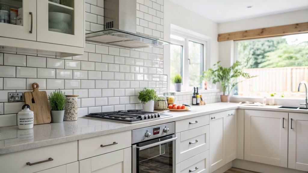 Newly tiled white metro splashback behind a kitchen worktop and hob in a UK home