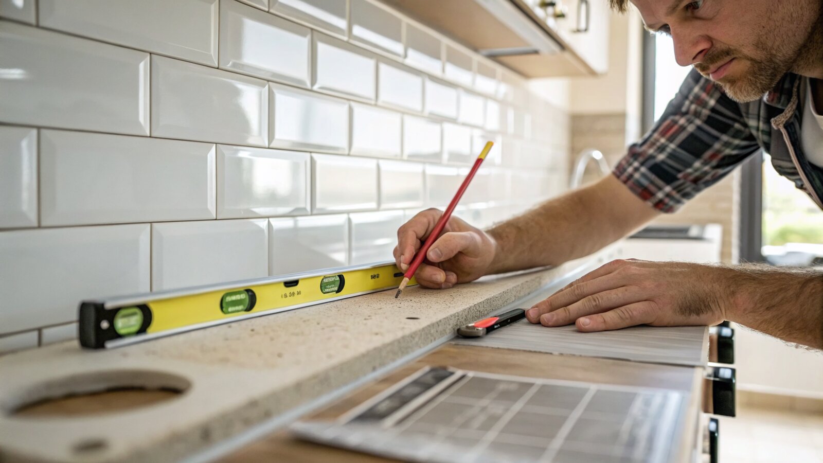 Marking a vertical guide line with a spirit level before tiling a splashback