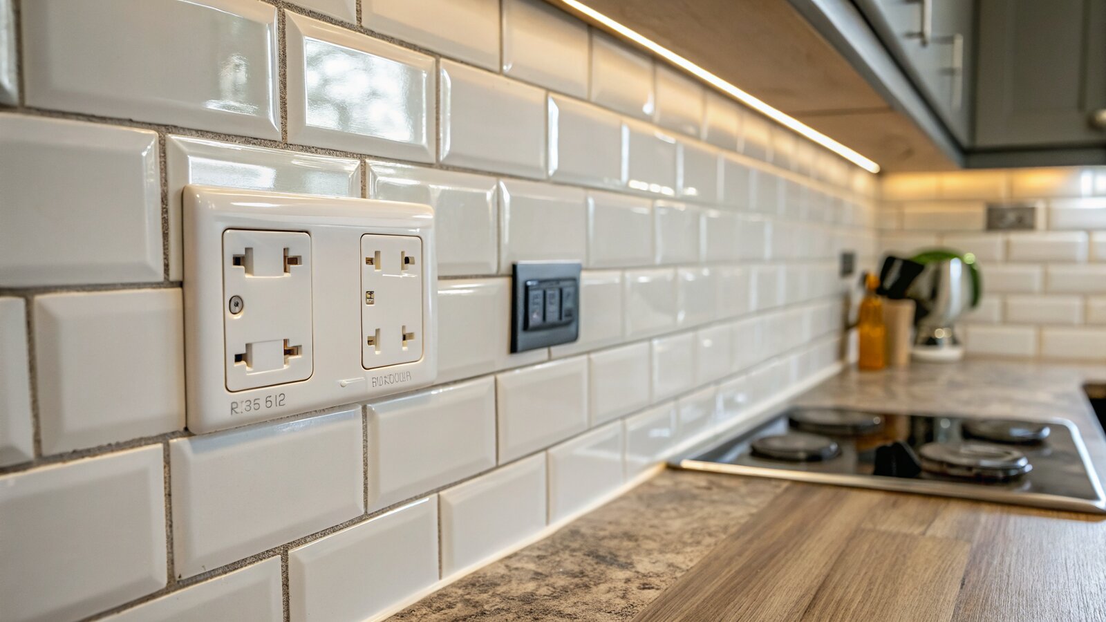 Tile cut neatly around a kitchen socket back box on a splashback