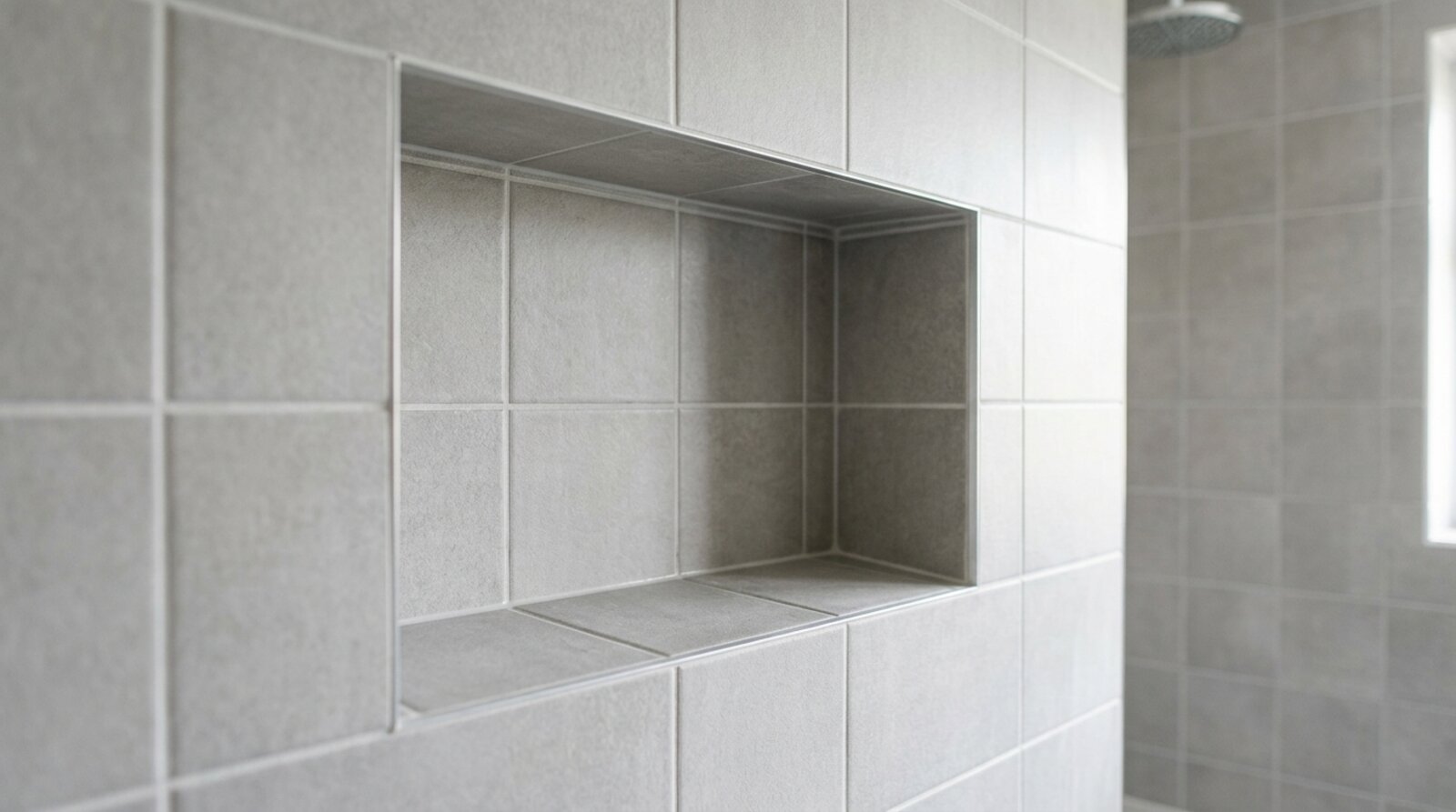 Tiled recessed shower niche set into a grey tiled bathroom wall