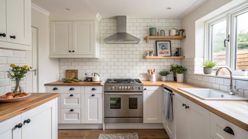 White metro tile kitchen splashback behind a hob