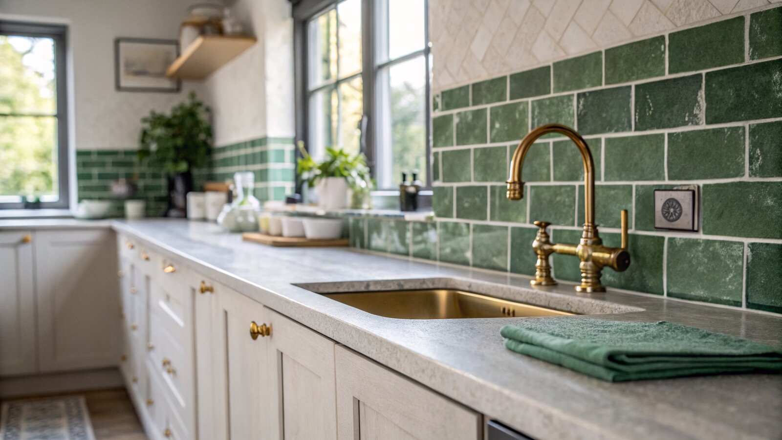 Green zellige tile splashback in a kitchen