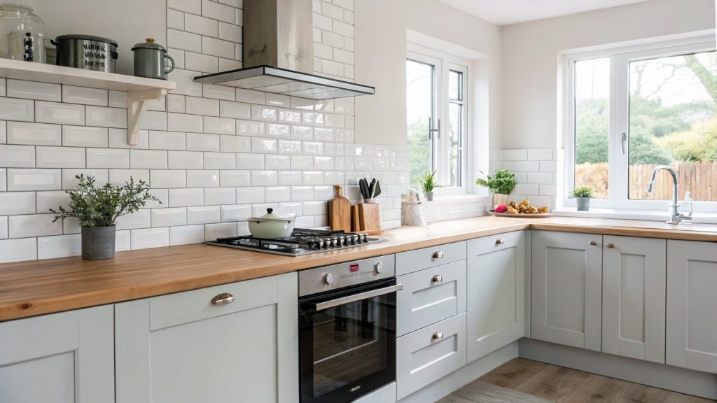 White metro tile splashback behind a worktop and hob in a modern UK kitchen