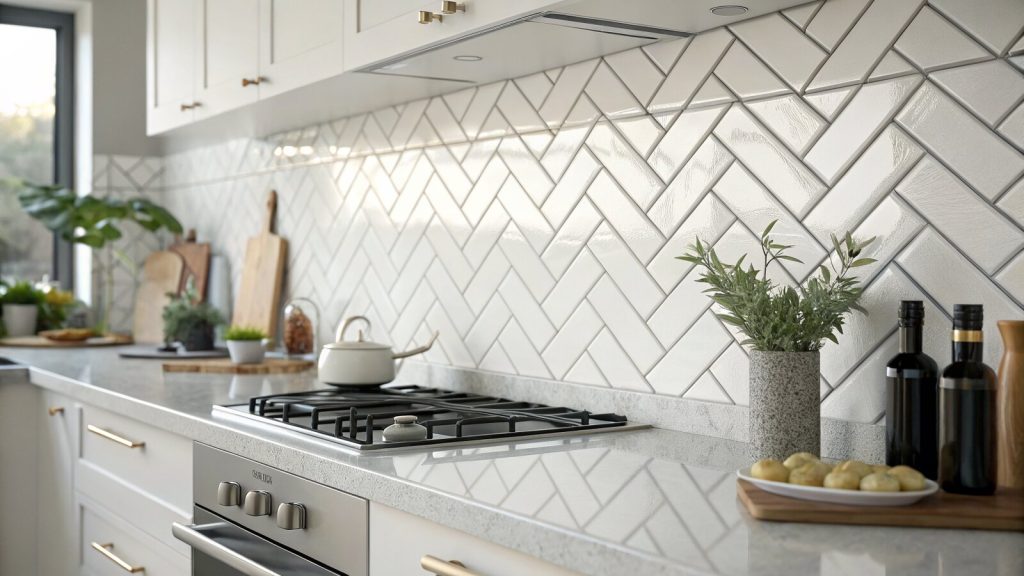 White metro tiles laid in a herringbone pattern on a kitchen splashback
