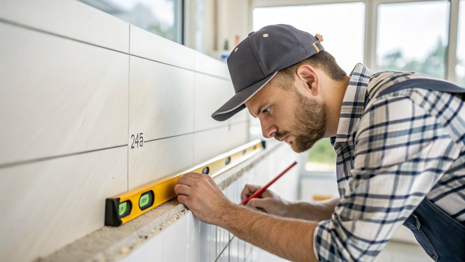 Marking a 45 degree setting-out line on a wall before tiling