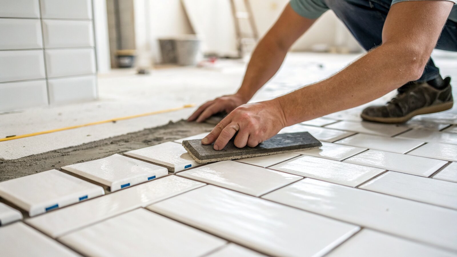 Grouting white herringbone metro tiles with a grout float