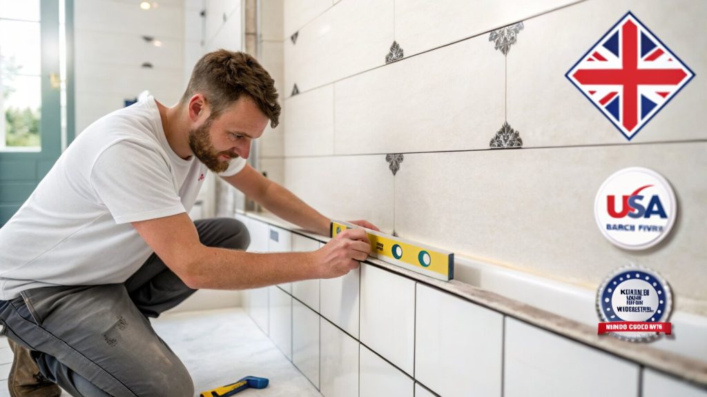 Tiler fitting large-format wall tiles in a modern bathroom