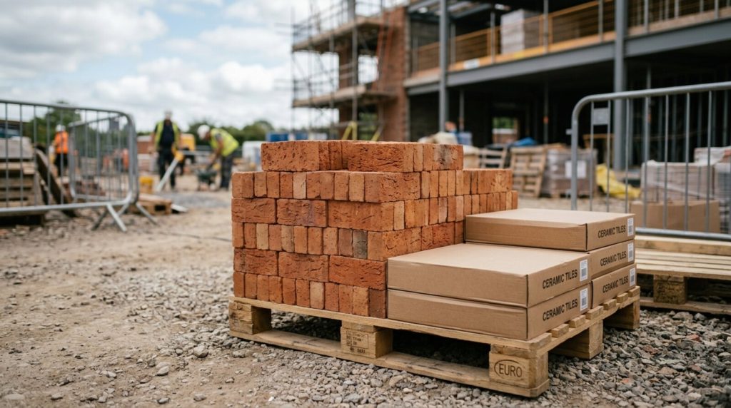 Pallets of bricks and tiles on a UK construction site