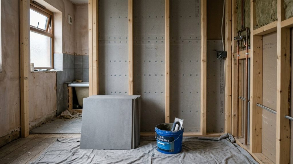 Bathroom stud wall partly covered with cement tile backer boards during a UK renovation, with porcelain tiles stacked nearby