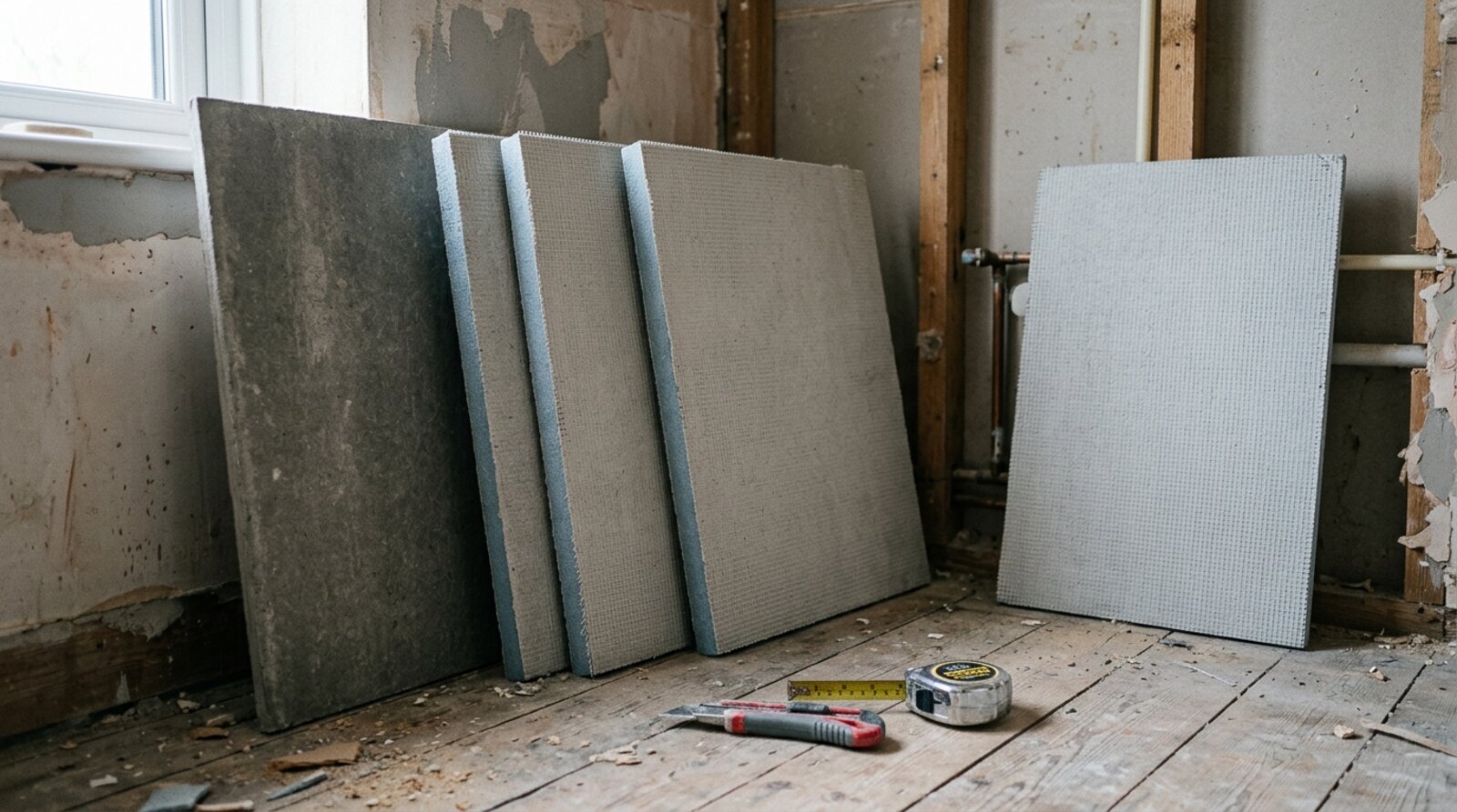 Cement and foam-core tile backer boards of different thicknesses leaning against a bathroom wall before installation