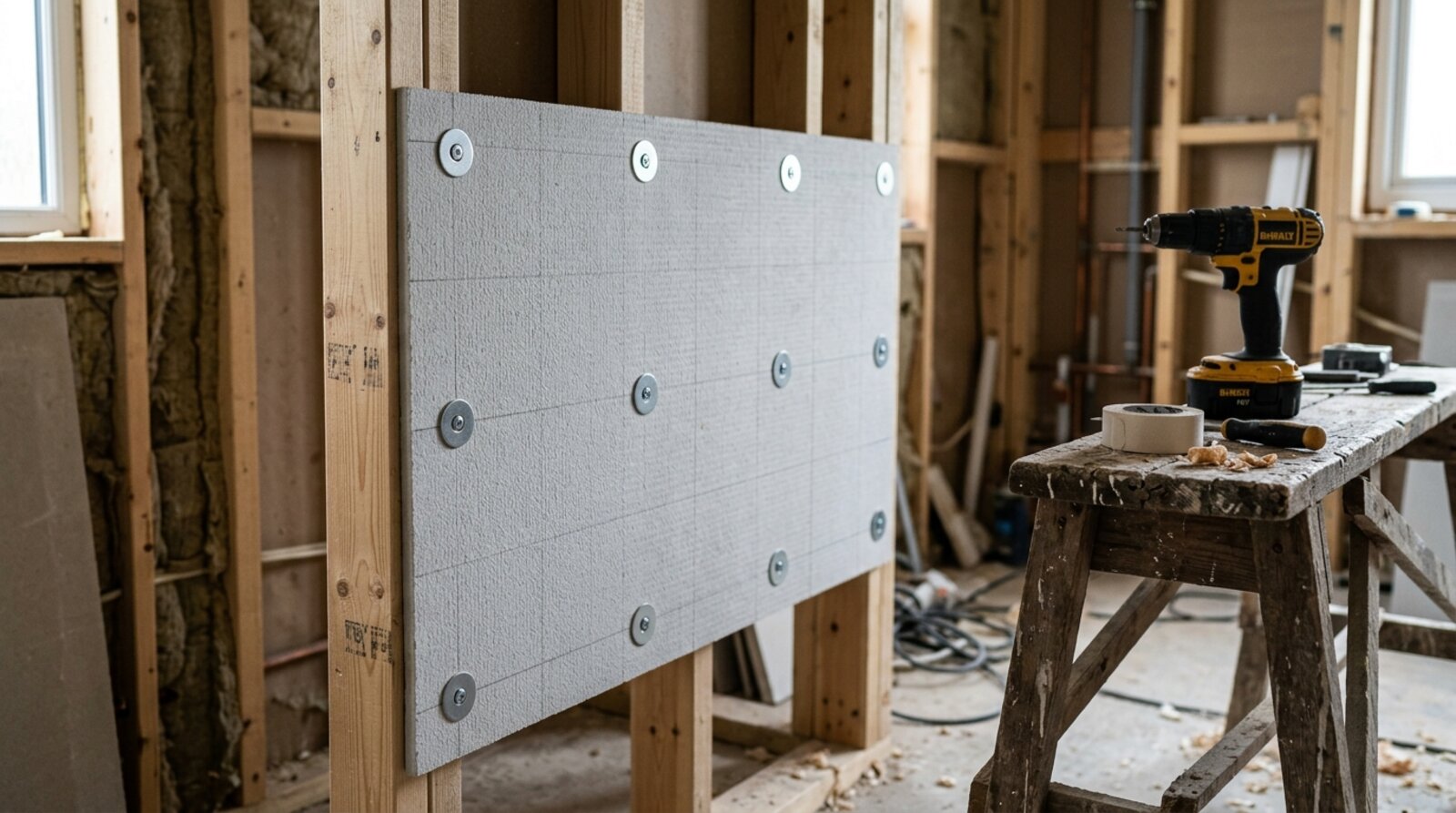 Foam-core tile backer board fixed to timber studs with screws and round metal load-spreading washers