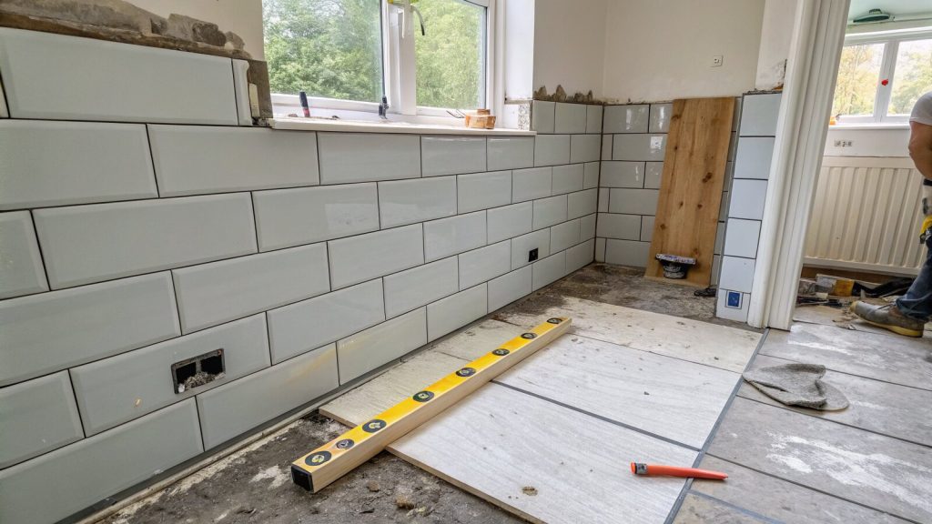 Half-tiled UK bathroom wall on a timber batten above a bare screed floor