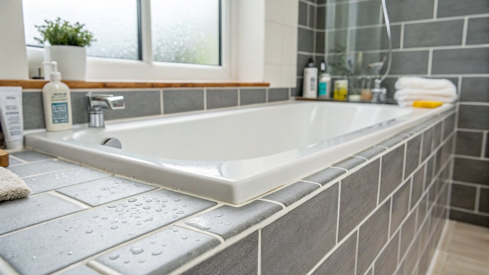 Wall tiles overlapping a bath lip with a silicone sealed joint