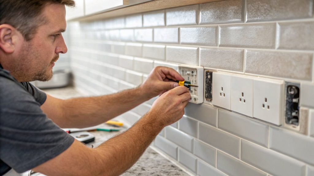 Tiling around a kitchen socket back box on a splashback above a worktop