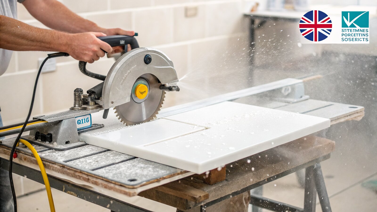 Wet tile saw cutting a ceramic tile for a socket cut-out