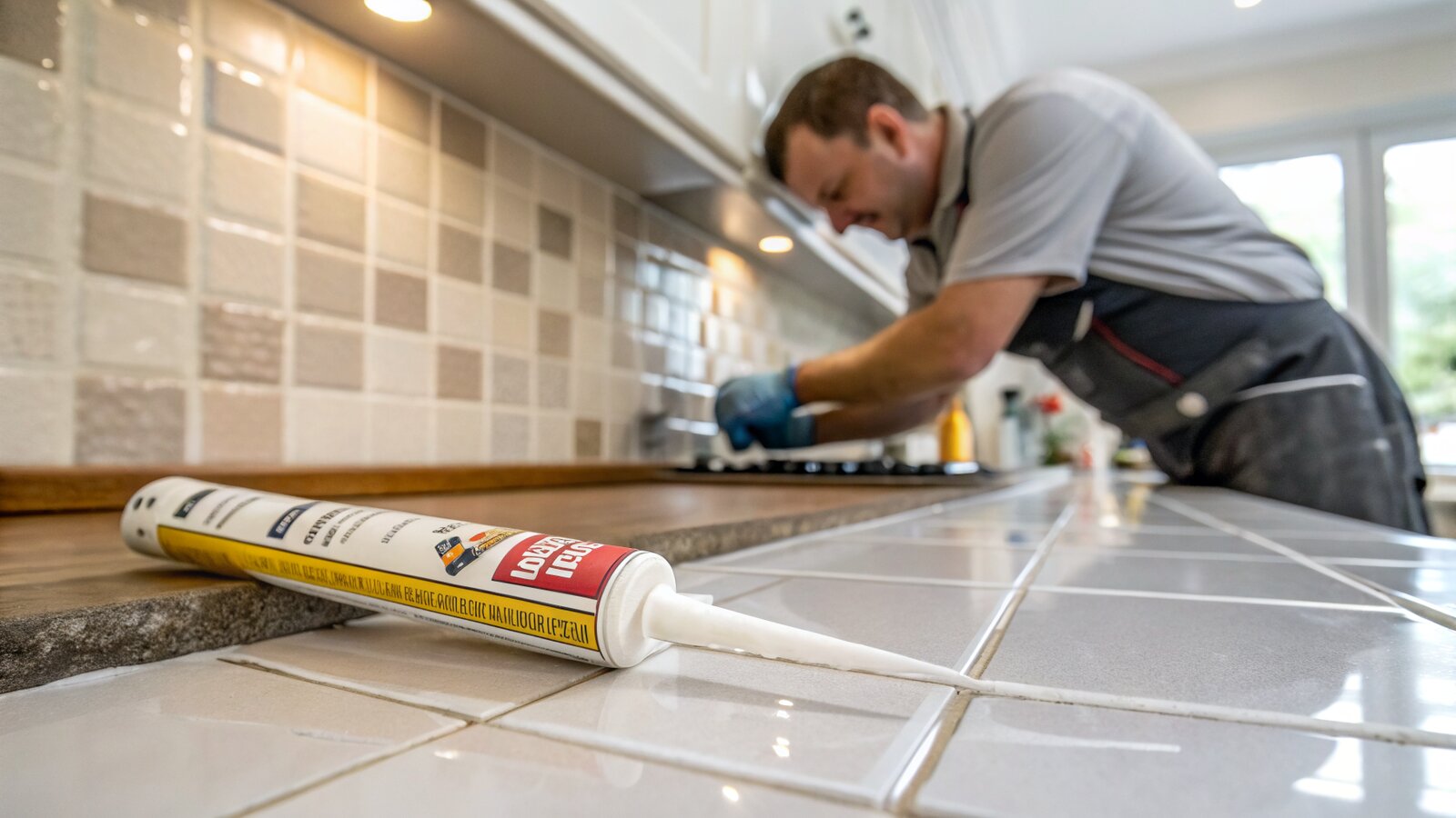Silicone bead finishing the joint between splashback tiles and the kitchen worktop