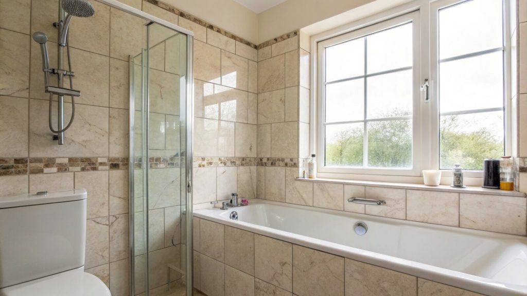 UK bathroom showing tiled wall beside a smooth marble-effect wall-panelled shower enclosure